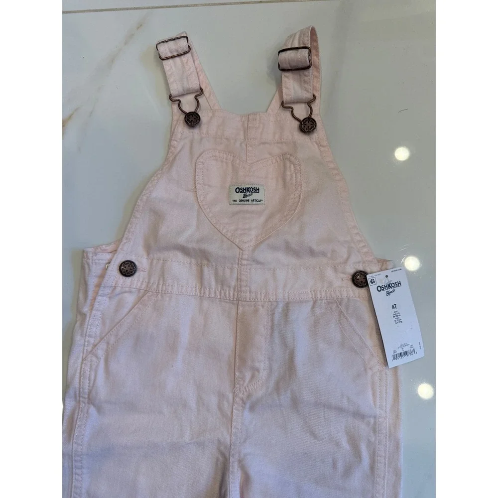 OshKosh Bgosh Girls Pink Denim Heart Pocket Overalls Size 4T NWT